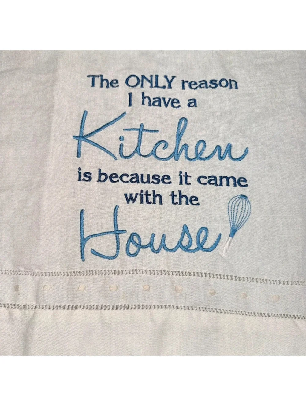 Linen Embroidered Kitchen Tea Towel Funny Kitchen House Blue White Cottagecore